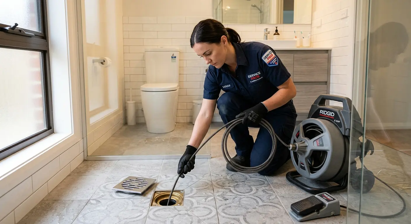 Technician clearing a bathroom floor drain for Drain Cleaning in Orangetree